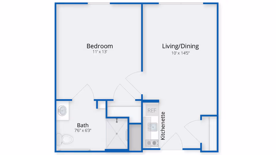 Floor plan of a senior living unit at Greystone Farm at Salem showing a bedroom measuring 11 by 13 feet, a combined living and dining area measuring 10 by 14.5 feet, a bath measuring 7 feet 6 inches by 6 feet 3 inches, and a kitchenette area with a refrigerator and sink.