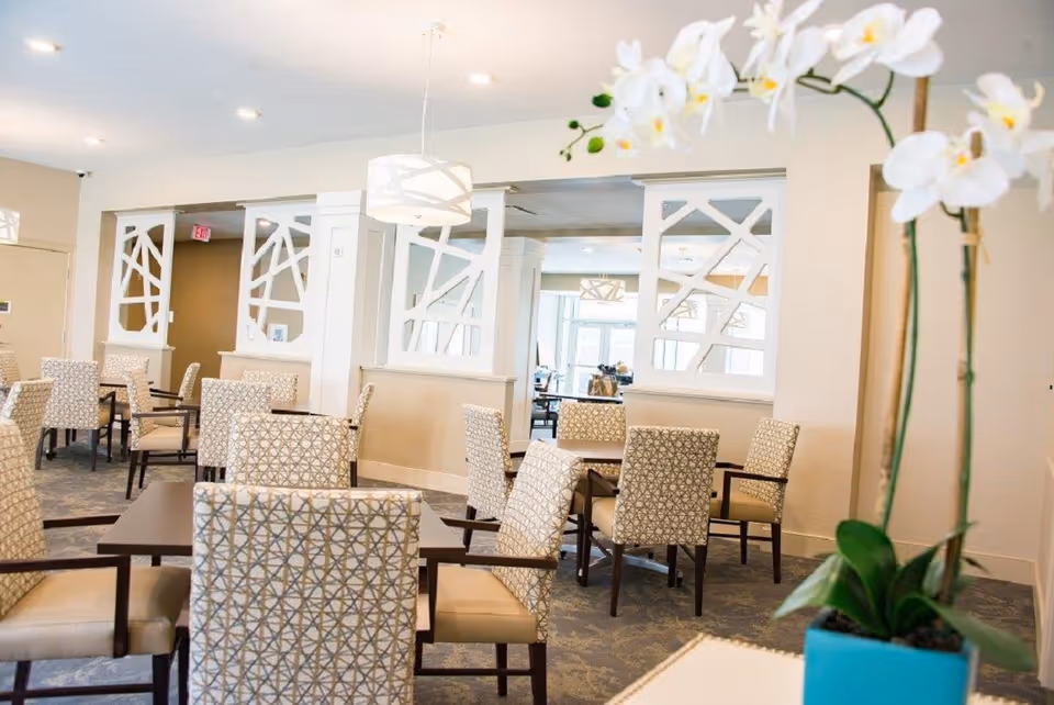 A bright and spacious dining room with multiple tables and cushioned chairs featuring a geometric pattern. The room has white walls, decorative white partitions, and modern pendant lights hanging from the ceiling. In the foreground, there is a white orchid plant in a blue pot on a table.