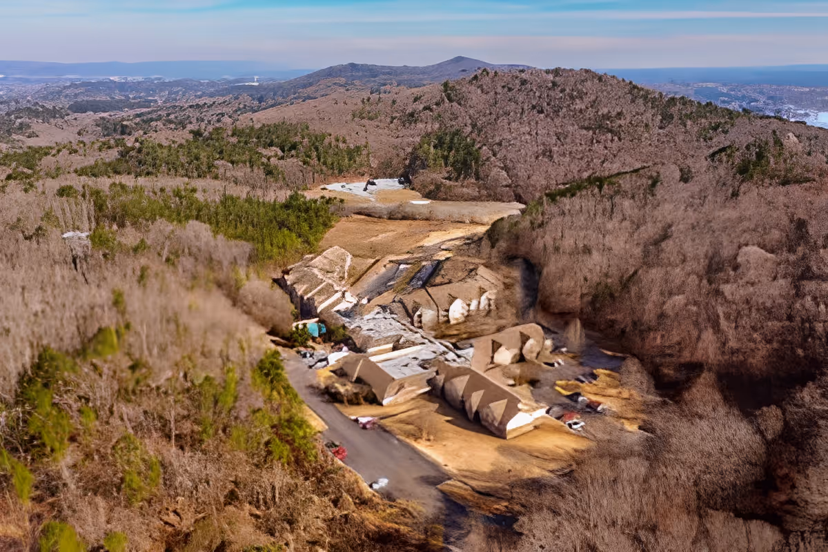 Aerial view of a small cluster of residential buildings and vehicles nestled in a wooded hillside.