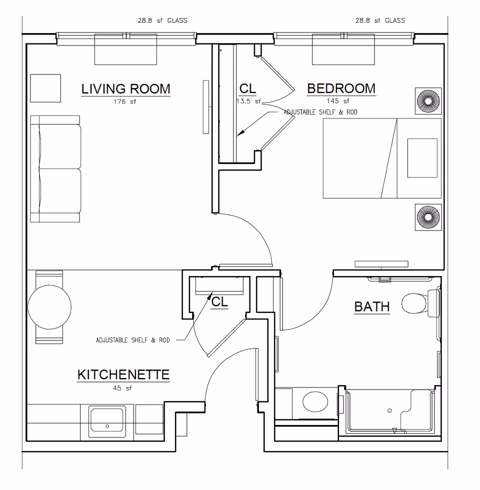 Black-and-white floor plan of a one-bedroom apartment showing labeled living room, kitchenette, bedroom, bath, and closets.