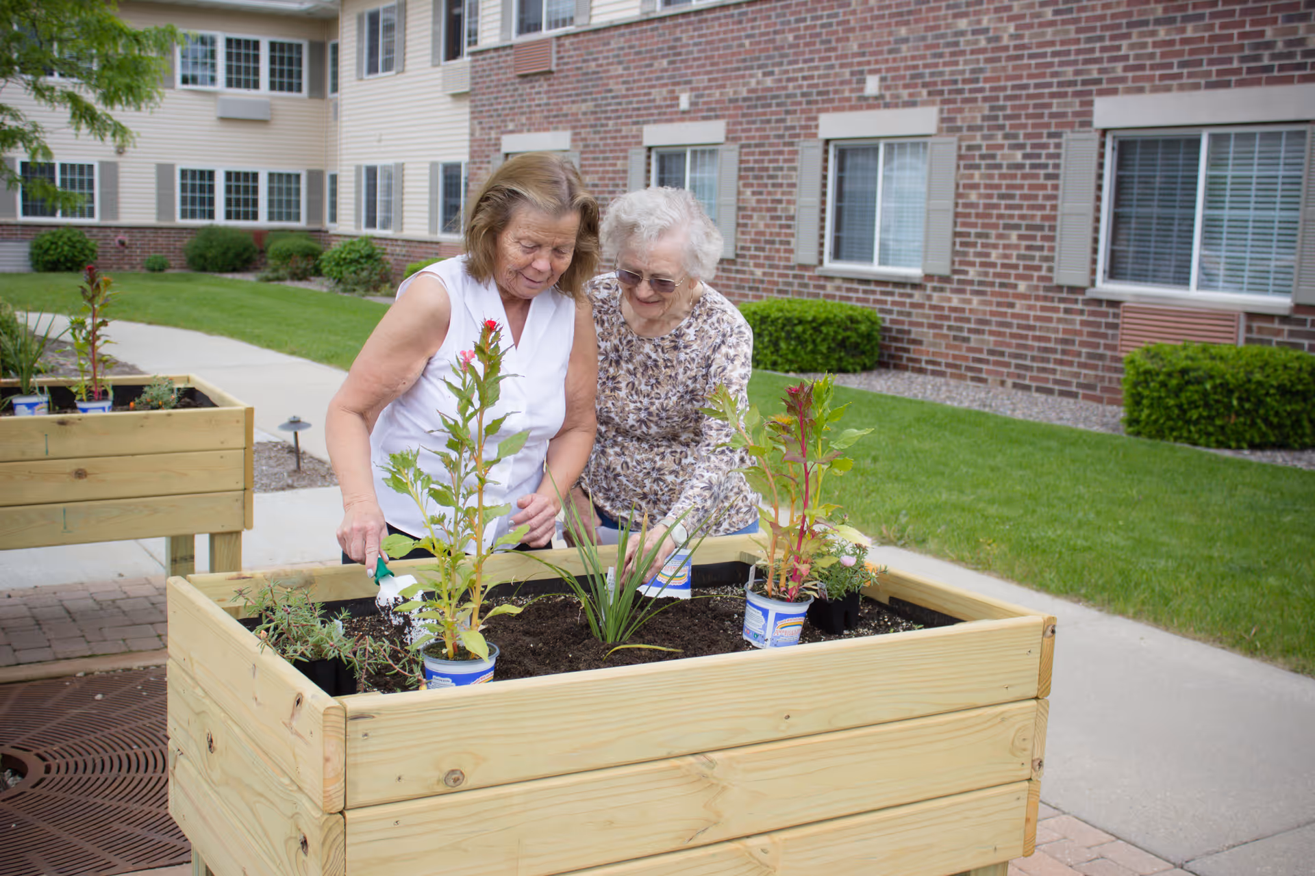 Two elderly women gardening together in a raised wooden planter outside a brick and siding assisted living facility building. They are planting flowers and smiling while enjoying the outdoor activity.