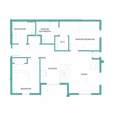 Architectural floor plan of a residential unit at Cadence Broomfield showing a master bedroom with walk-in closet and master bathroom, a second bedroom, a second bathroom, a kitchen, and a living area.