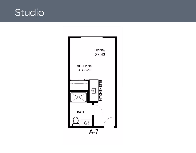 Floor plan of a studio apartment labeled A-7 showing a living/dining area, sleeping alcove, kitchenette, and bathroom with toilet and sink.