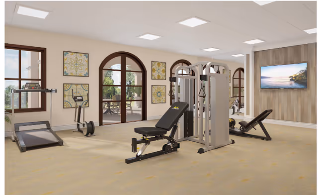 A well-lit fitness room with exercise equipment including a treadmill, rowing machine, multi-functional weight machine, and adjustable bench. The room has large arched windows and doors with views of an outdoor patio, decorative framed artwork on the walls, and a flat-screen TV mounted on a wooden accent wall.