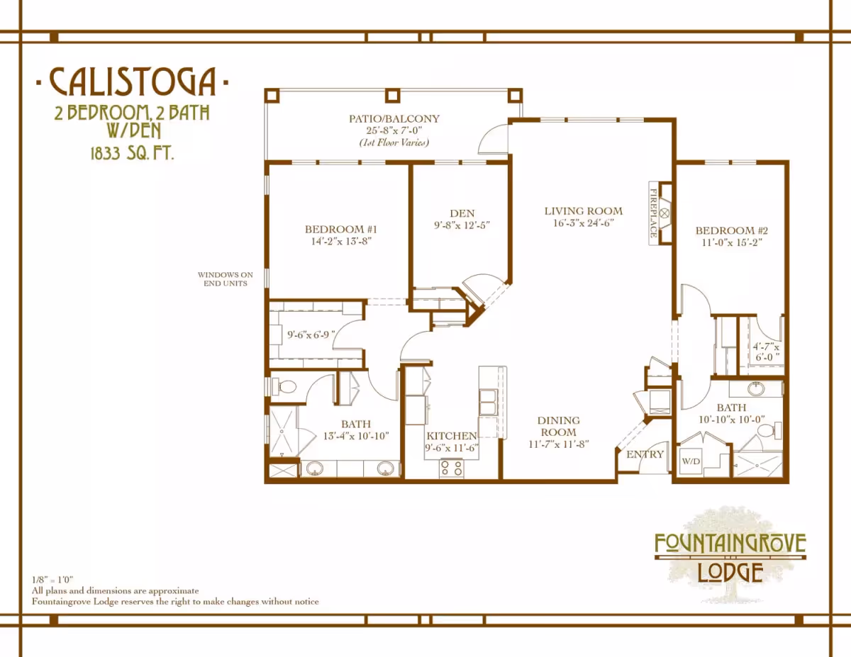 Floor plan of Calistoga unit at Fountaingrove Lodge showing 2 bedrooms, 2 bathrooms, a den, kitchen, dining room, living room with fireplace, and a patio/balcony. Dimensions for each room are provided along with layout details.