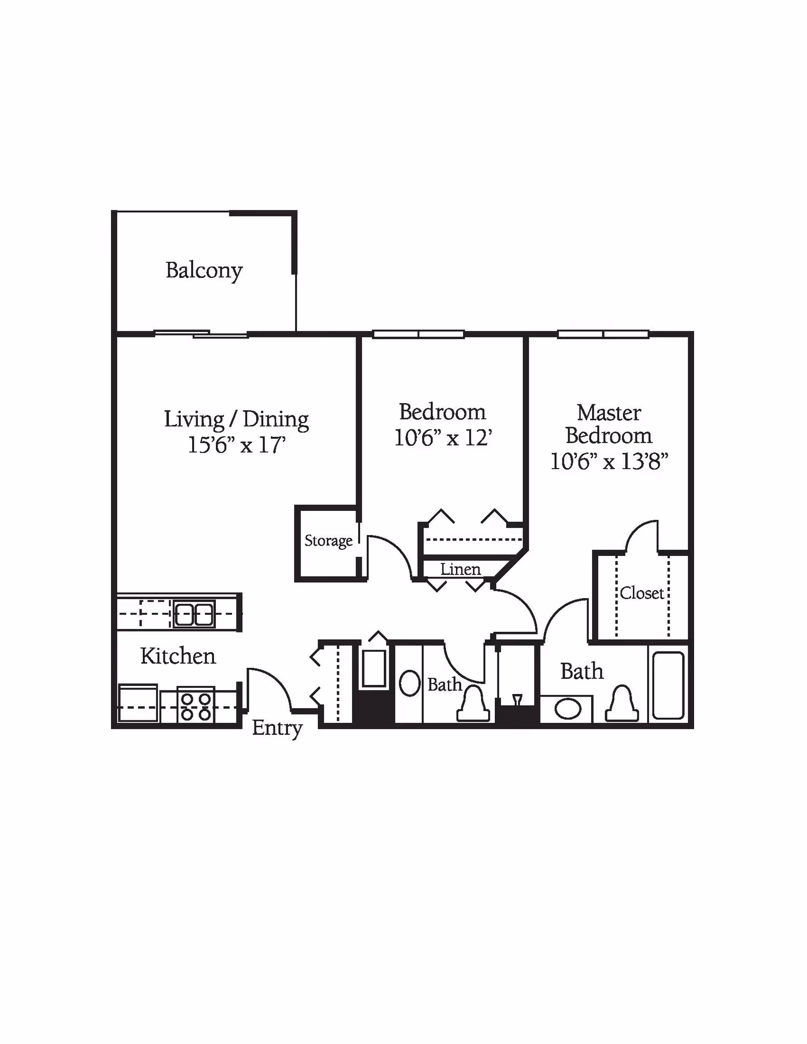 Floor plan of an apartment at Brookdale Meridian Boulder showing a balcony, living/dining area, kitchen, entry, two bedrooms including a master bedroom with closet, two bathrooms, storage, and linen closet.