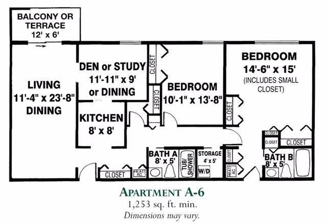 Floor plan of an apartment labeled A-6 with 1,253 square feet minimum. It includes a balcony or terrace, living/dining area, den or study or dining area, kitchen, two bedrooms, two bathrooms, storage, and multiple closets.