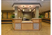 Reception desk area inside Birchwood Rehabilitation and Healthcare Center with a granite countertop, decorative panels, potted plants on either side, and a sign on the back wall displaying the facility's name.