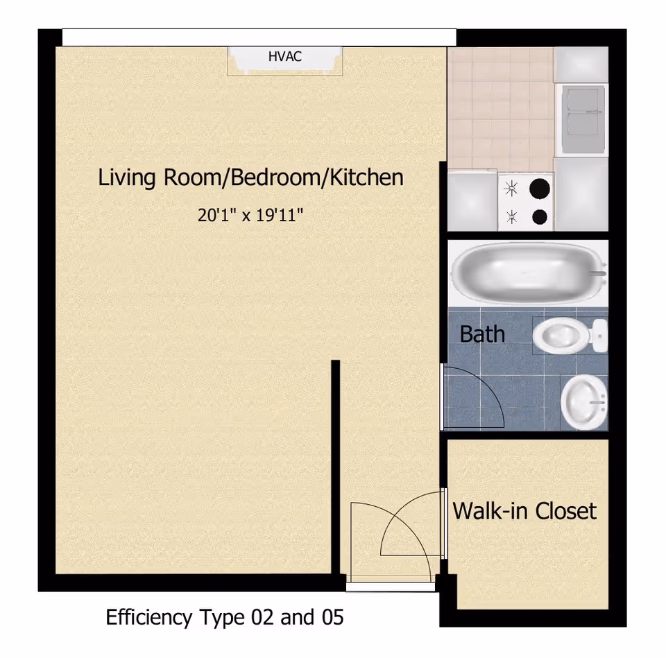 Floor plan of an efficiency apartment labeled as Type 02 and 05, showing a combined living room, bedroom, and kitchen area measuring 20 feet 1 inch by 19 feet 11 inches, a bathroom with a bathtub, toilet, and sink, and a walk-in closet.