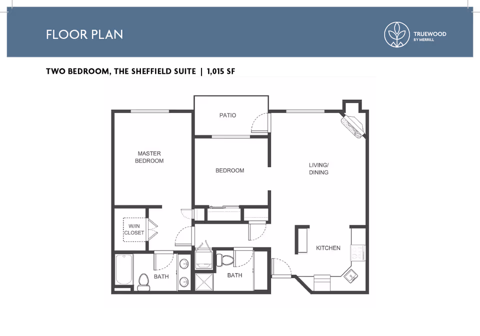 Floor plan of a residential unit at Truewood by Merrill, Vancouver, showing a master bedroom with walk-in closet, a second bedroom, two bathrooms, a kitchen, a combined living and dining area, and a patio.