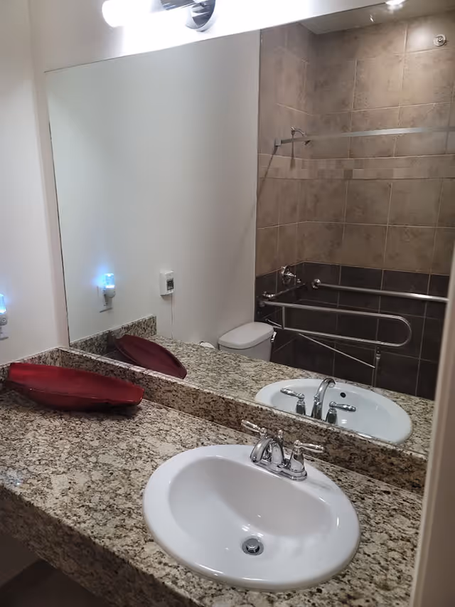 Bathroom with a granite countertop featuring a white sink and silver faucet. A large mirror is mounted above the countertop, reflecting a toilet and a tiled shower area with grab bars for accessibility. There is a red decorative dish on the countertop and a wall-mounted light fixture above the mirror.