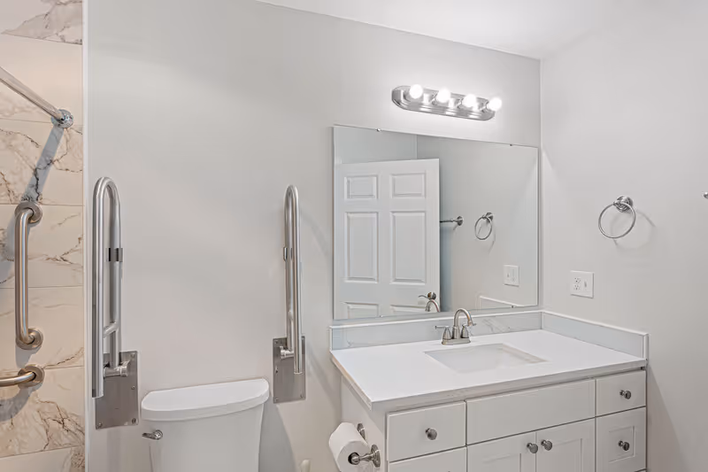 Accessible bathroom with a toilet flanked by stainless steel grab bars, a white vanity with sink and mirror, and a partial view of a tiled shower.