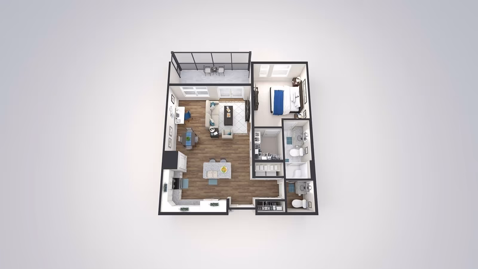 3D floor plan of a senior living apartment featuring a bedroom with a bed and nightstands, two bathrooms, a kitchen with an island and stools, a living room with a sofa and TV, a dining area with a table and chairs, and a balcony with outdoor seating.