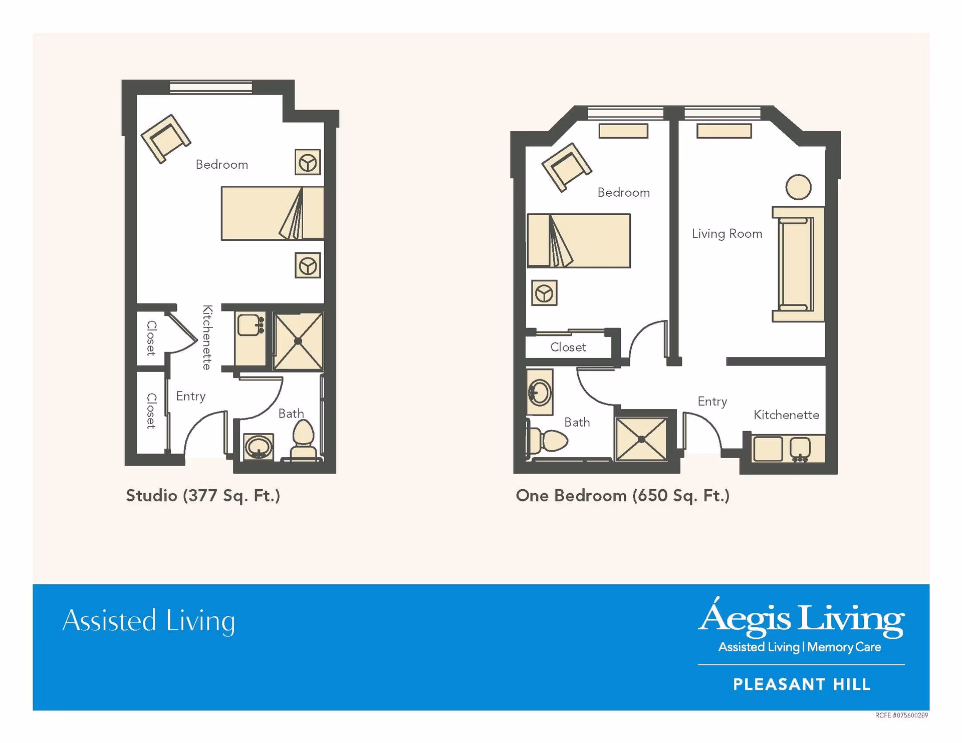 Floor plans for two assisted living apartment layouts at Aegis Living Pleasant Hill. The left plan is a Studio layout of 377 square feet featuring a bedroom area, kitchenette, entry, bath, and two closets. The right plan is a One Bedroom layout of 650 square feet featuring a bedroom, living room, kitchenette, entry, bath, and closet.