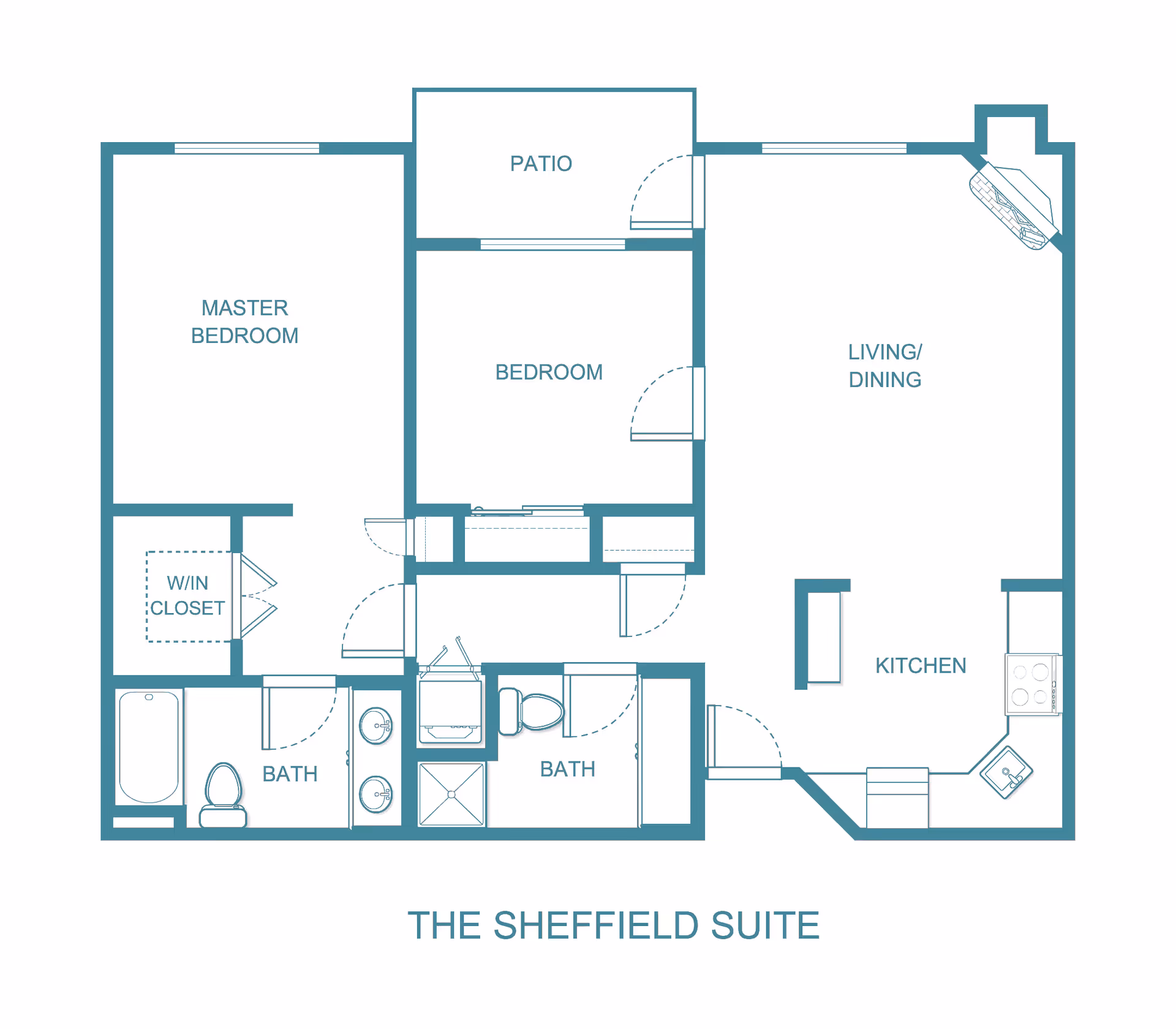 Blueprint floor plan labeled 'The Sheffield Suite' showing a master bedroom with walk-in closet, a second bedroom, two bathrooms, a kitchen, living/dining area, and a patio.