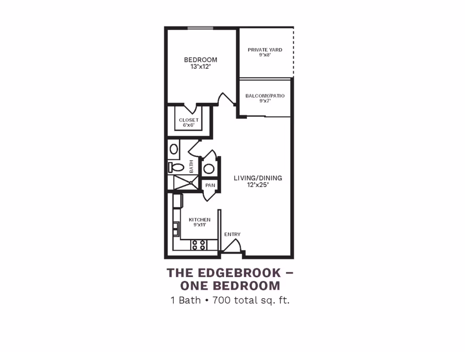 Black-and-white floor plan titled 'The Edgebrook — One Bedroom' showing a one-bedroom, one-bath apartment with kitchen, living/dining area, balcony/patio and private yard (700 sq. ft.).
