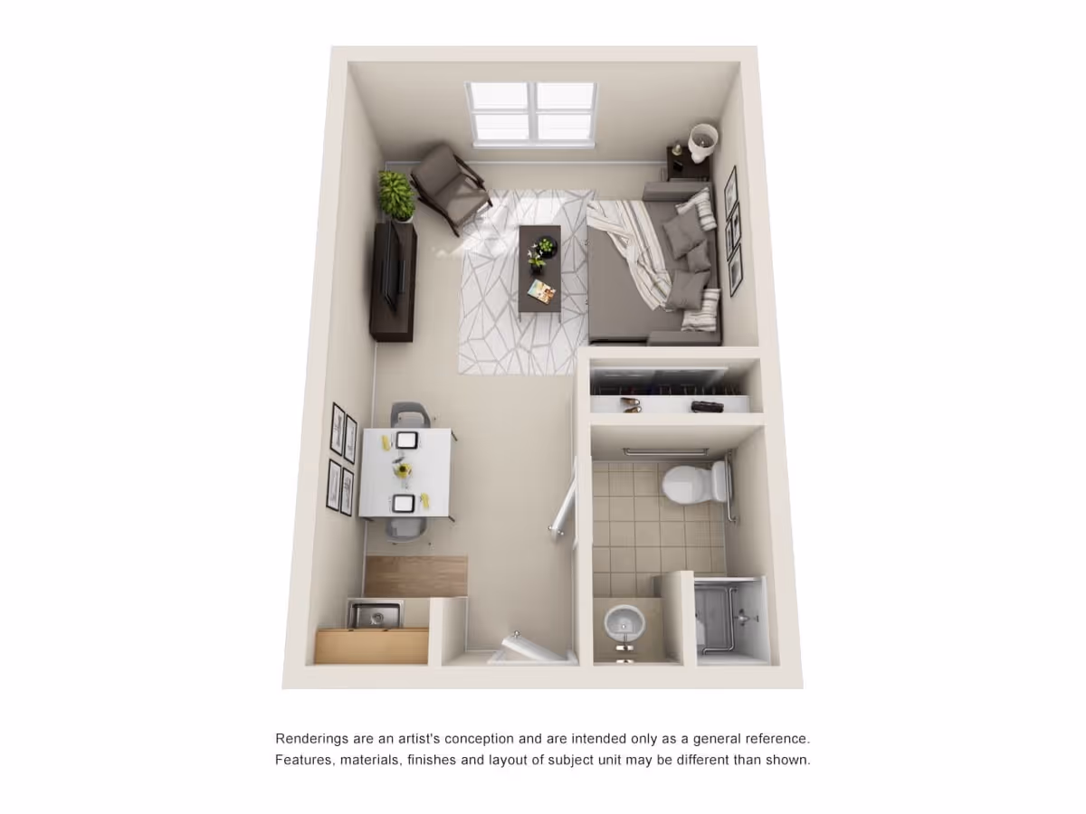 3D floor plan of a small apartment unit featuring a living area with a sofa, armchair, coffee table, and TV stand. Adjacent to the living area is a dining table with two chairs. The unit also includes a small kitchen area with a sink, and a bathroom with a toilet, sink, and shower.