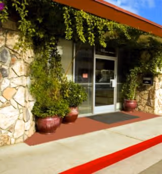 Entrance to a building with stone walls and a glass door, flanked by two large red pots with green plants. There is a red curb and a sidewalk in front, with greenery hanging from the roof edge.