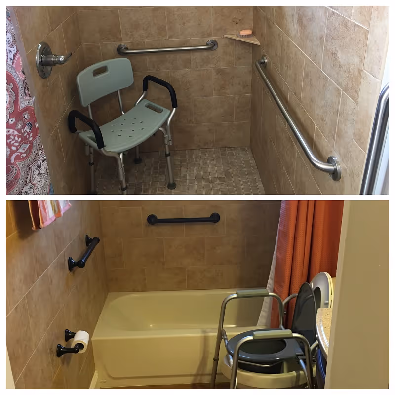 Two images showing accessible bathroom features in an assisted living facility. The top image shows a tiled shower area with a shower chair, grab bars on the walls, and a soap dish. The bottom image shows a bathtub with grab bars on the walls, a shower curtain, a toilet with an elevated seat and armrests, and a toilet paper holder.