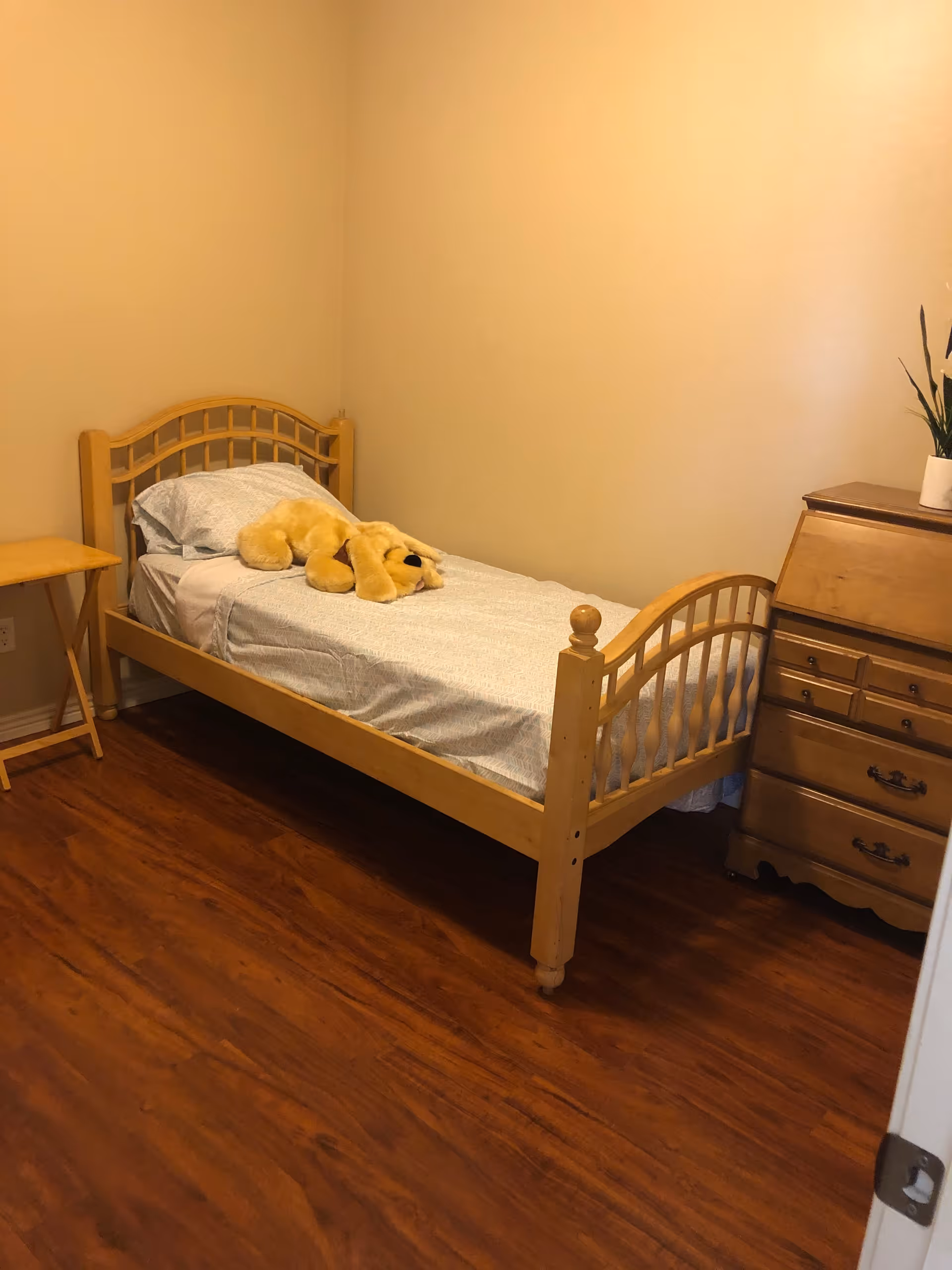 Small bedroom with a single wooden bed topped by a stuffed dog, a wooden dresser, and hardwood floors.