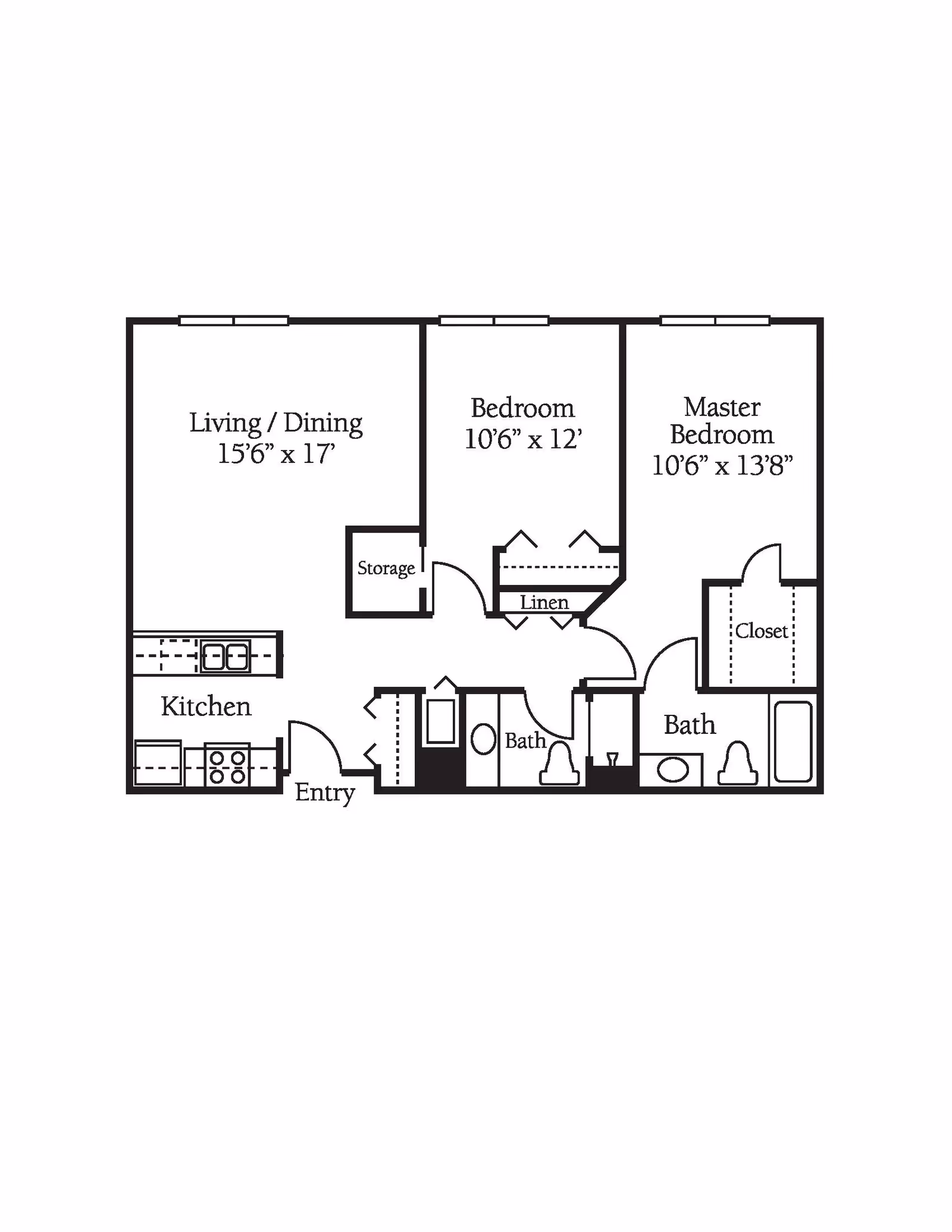 Floor plan of an apartment with labeled rooms including a living/dining area, kitchen, two bedrooms, two bathrooms, storage, linen closet, and a master bedroom closet.