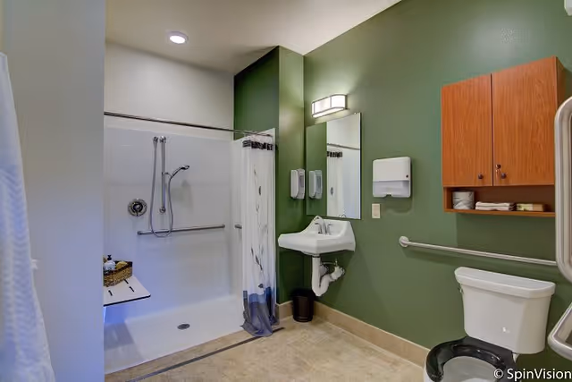 Accessible bathroom with a walk-in shower featuring a fold-down seat and grab bars, a white sink with a mirror above it, a toilet with grab bars, a wooden cabinet mounted on a green wall, and a beige tiled floor.