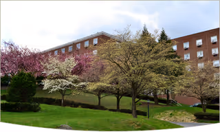 Brick multi-story building with rows of windows set behind a grassy lawn and flowering trees.