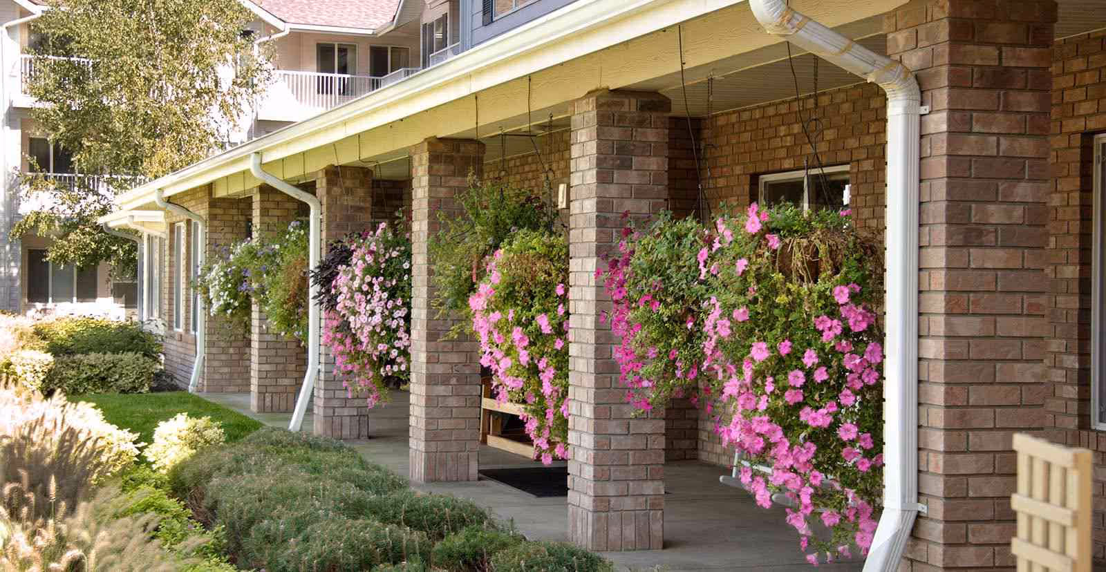 Covered walkway with brick columns and hanging baskets filled with pink and purple flowers at a senior living facility. Green shrubs and grass line the walkway, and part of the building with windows is visible in the background.