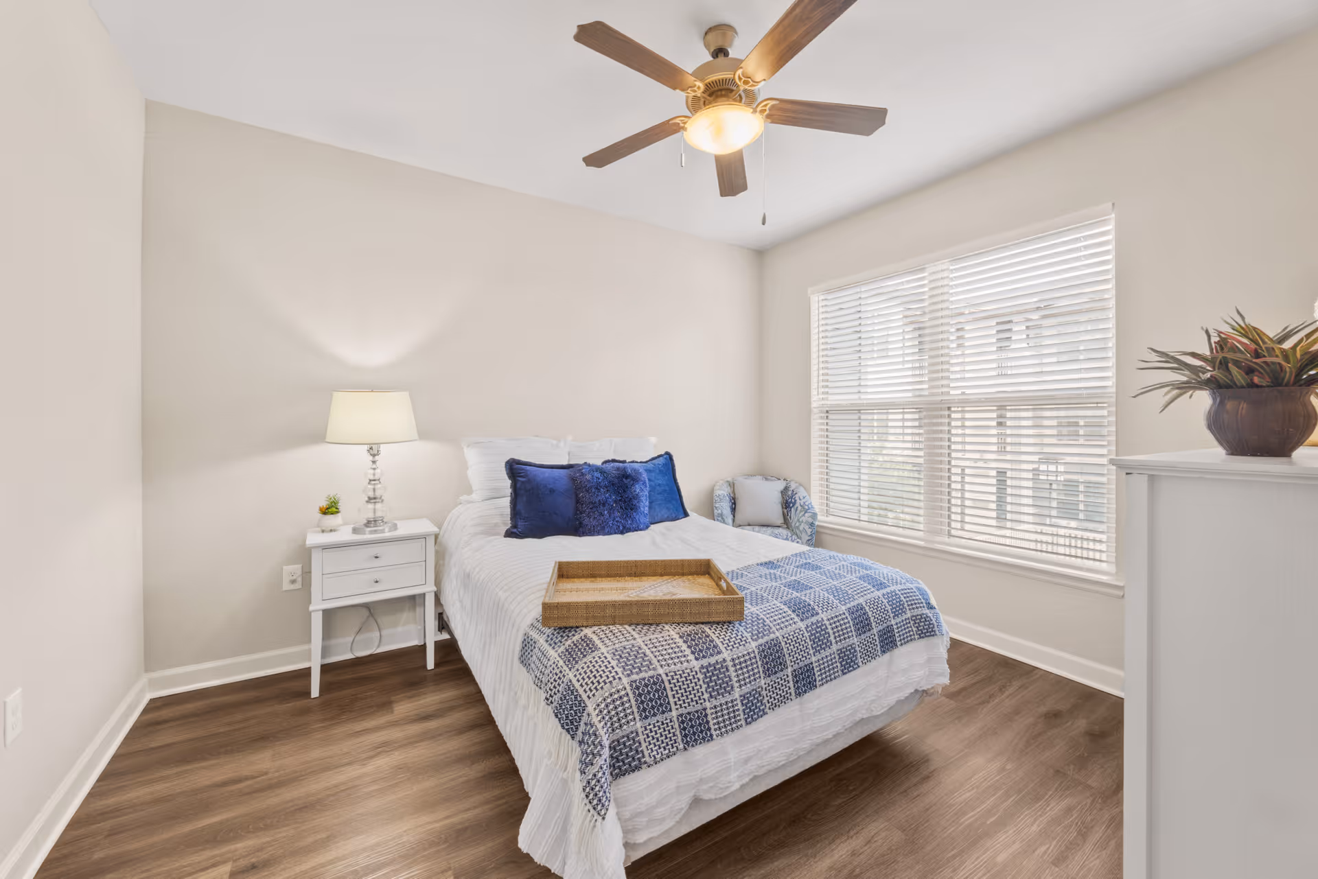 A bright bedroom with a bed covered in white and blue bedding, two blue pillows, a wooden tray on the bed, a white nightstand with a lamp and small plant, a ceiling fan with light, a window with blinds, a patterned armchair, and a white dresser with a potted plant.