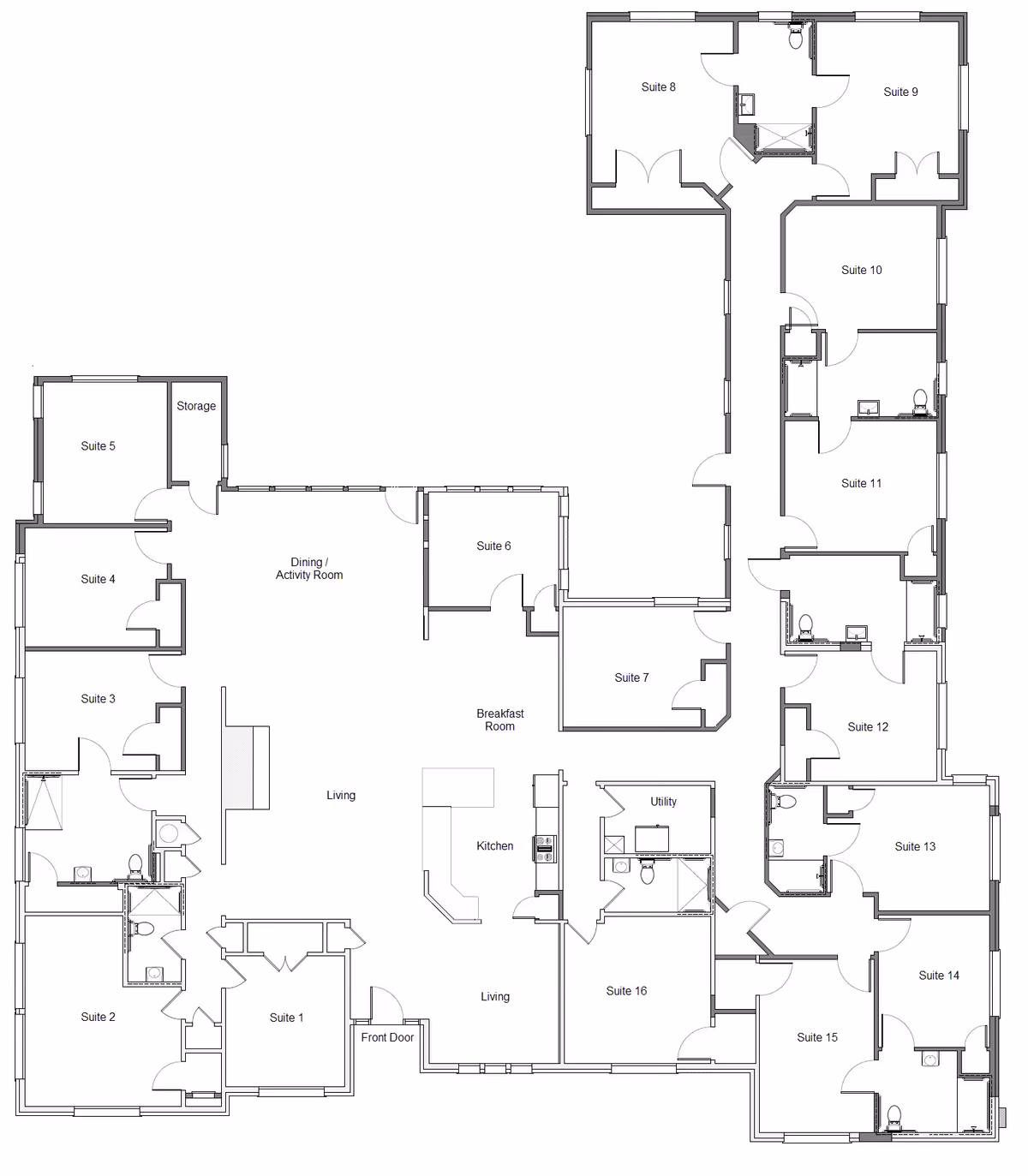 Black-and-white floor plan of Oakview Assisted Living & Memory Care showing labeled suites, living areas, dining/activity room, kitchen, and utility spaces.