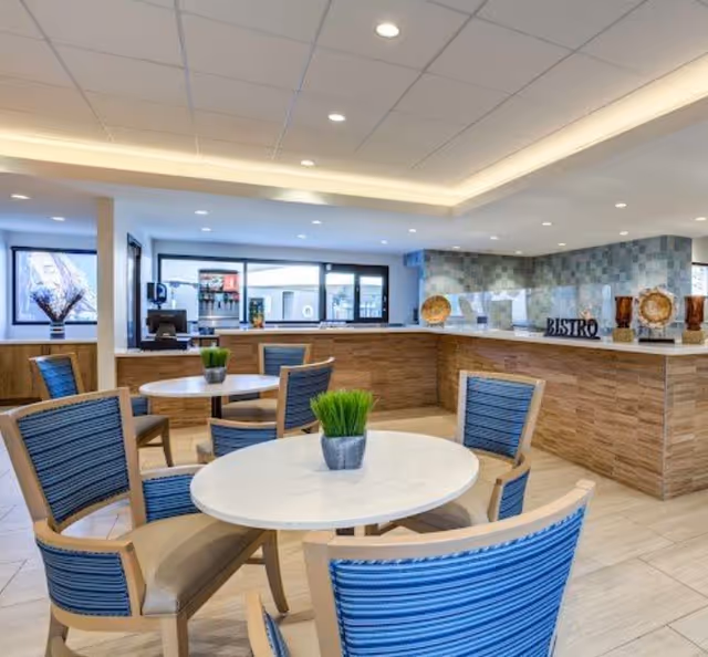 Bright dining area with round tables, blue-upholstered chairs, small potted plants, and a wood-paneled bistro counter.