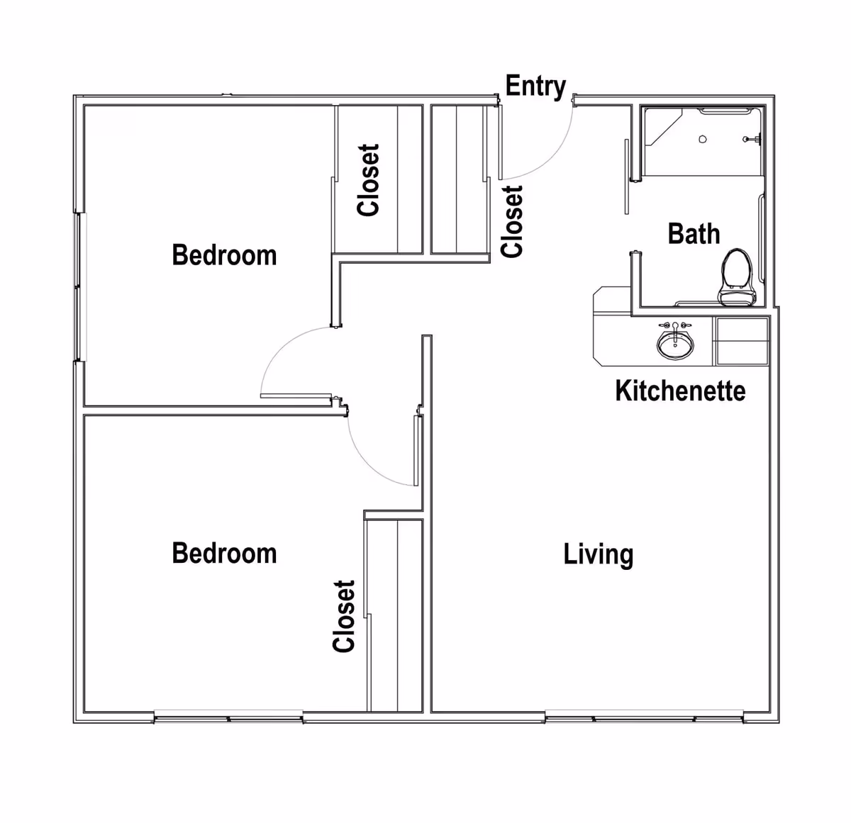 Architectural floor plan showing a layout with two bedrooms, each with a closet, a living area with a kitchenette, a bathroom, and an entryway with an additional closet.