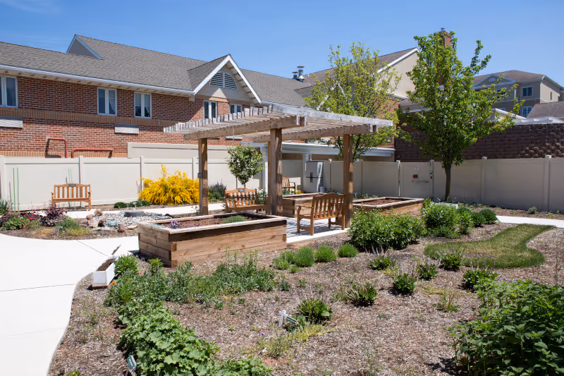 Outdoor garden area at Normandie Ridge featuring a wooden pergola with benches underneath, raised garden beds, various plants and shrubs, a paved walkway, and a white privacy fence surrounding the space. Residential buildings are visible in the background under a clear blue sky.
