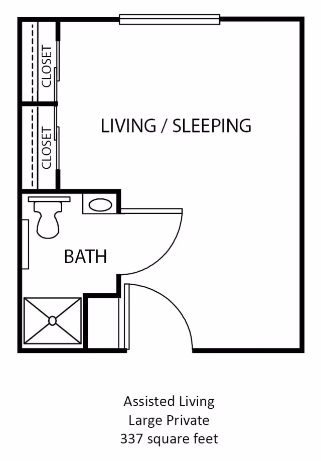 Floor plan of an assisted living large private unit at The Wellington at Southport, showing a living/sleeping area, a bathroom with a toilet, sink, and shower, and two closets. The total area is 337 square feet.