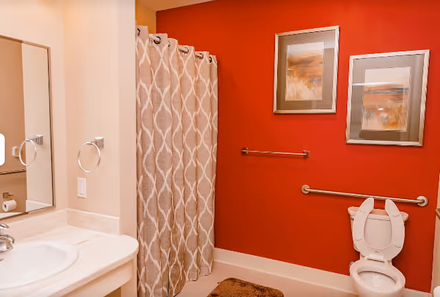 Bathroom with a red accent wall, shower with patterned curtain, sink vanity, and a toilet with a raised seat.