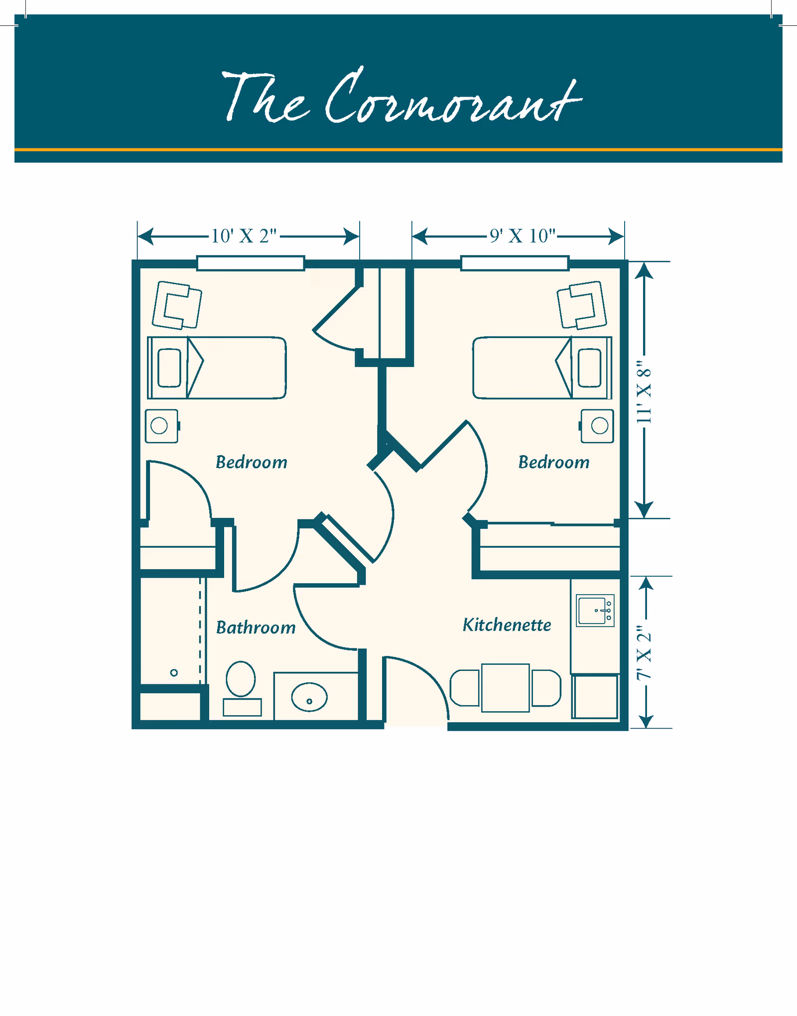 Floor plan titled 'The Cormorant' showing a layout with two bedrooms, a bathroom, and a kitchenette. Each bedroom contains a bed, a chair, and a small table. The bathroom includes a shower, toilet, and sink. The kitchenette has a small table with two chairs, a sink, and a counter area. Dimensions are marked for each room.