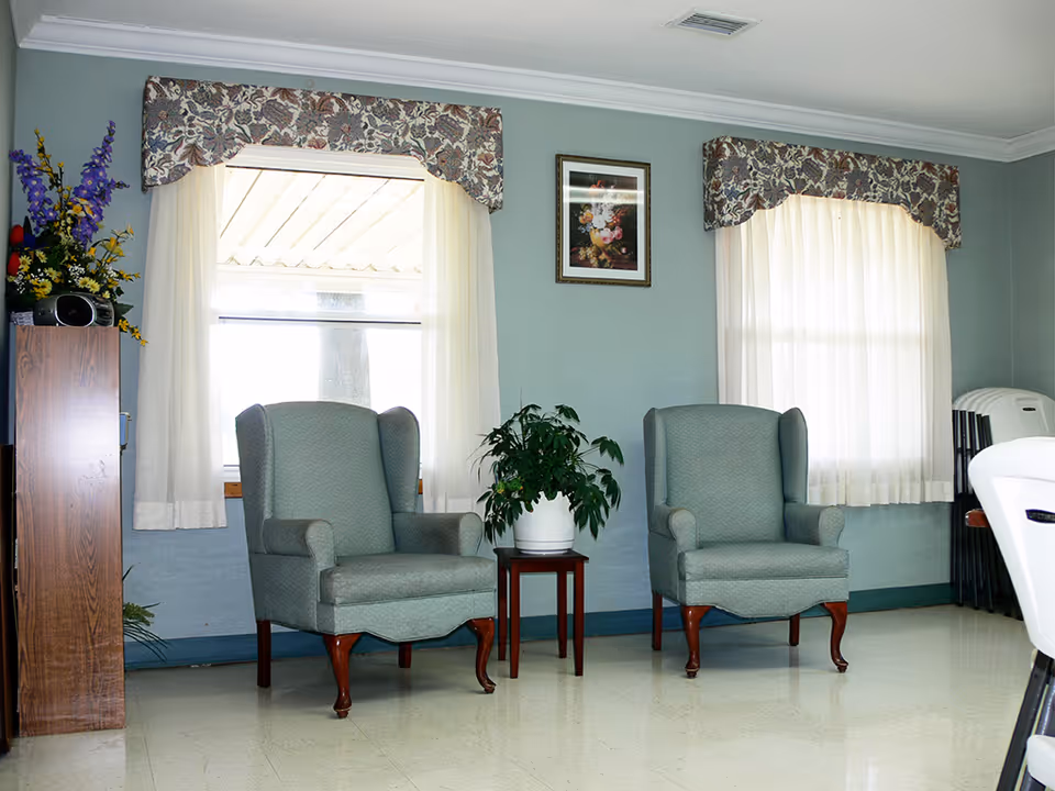 Two upholstered wingback chairs with a small table and potted plant between them in a bright sitting area with windows and floral valances.