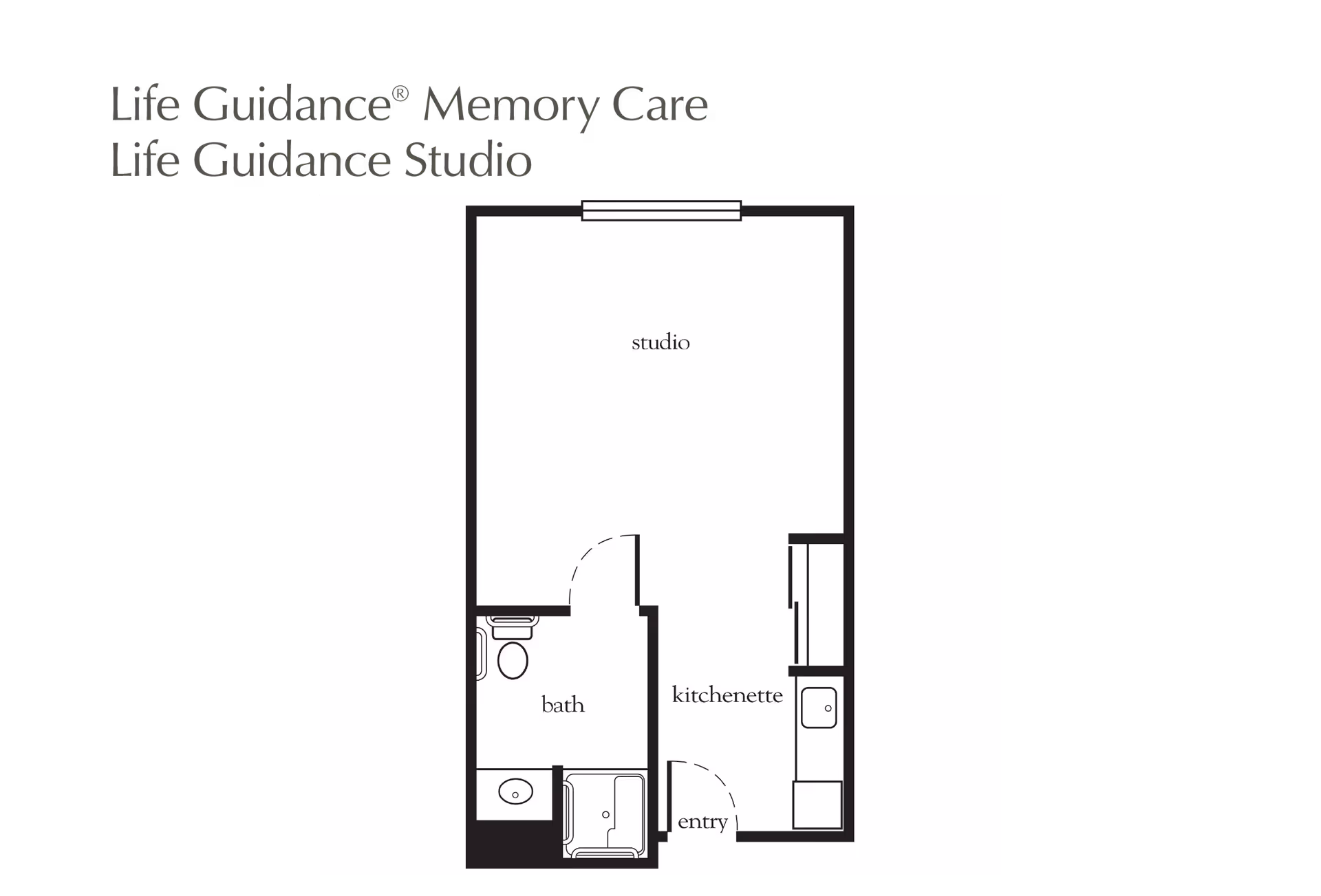 Floor plan layout of a Life Guidance Memory Care studio apartment showing a studio area, kitchenette, bath with toilet and sink, and an entryway.