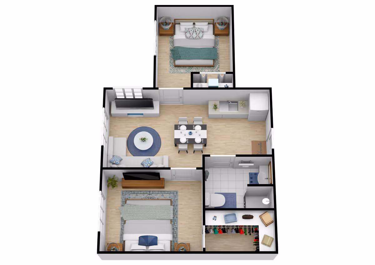 3D floor plan of a residential unit showing two bedrooms, a living room with a sofa and TV, a dining area with a table and four chairs, a kitchen with appliances and sink, a bathroom with a toilet and sink, and a walk-in closet with clothes and seating.