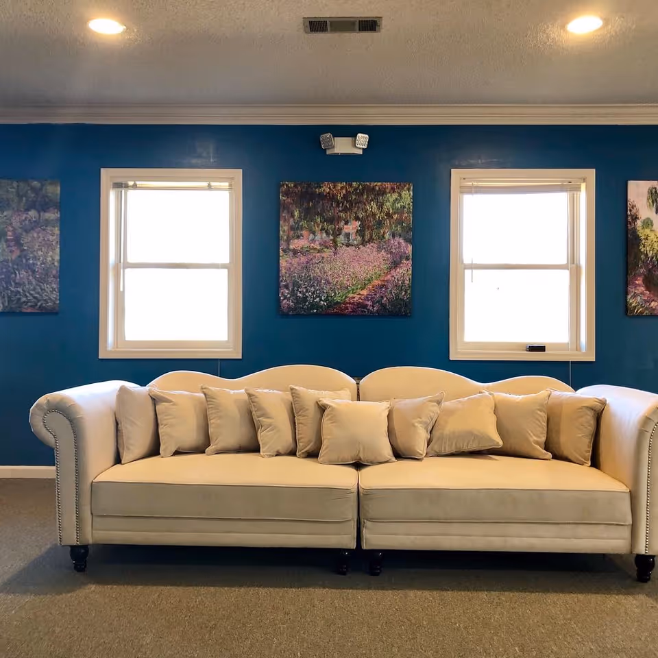 A beige sofa with multiple matching cushions is placed against a blue wall with two windows and three framed paintings depicting garden scenes. The room has a carpeted floor and ceiling lights.