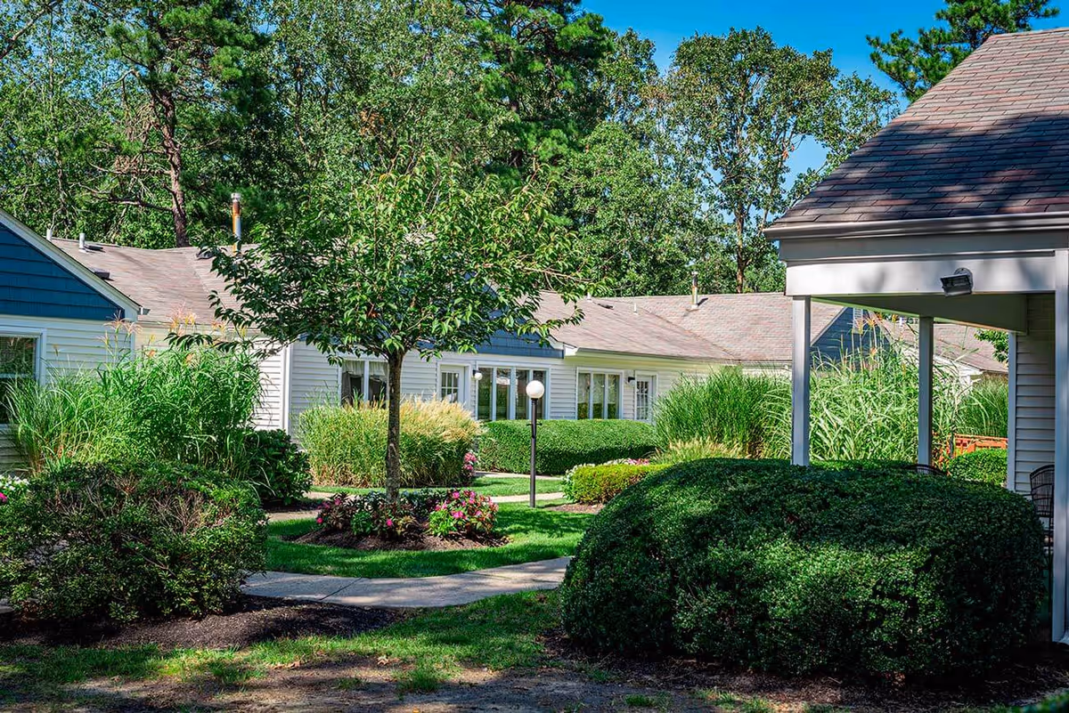 Landscaped courtyard with pathways, shrubs, a small tree, and single-story residential buildings under a clear blue sky.