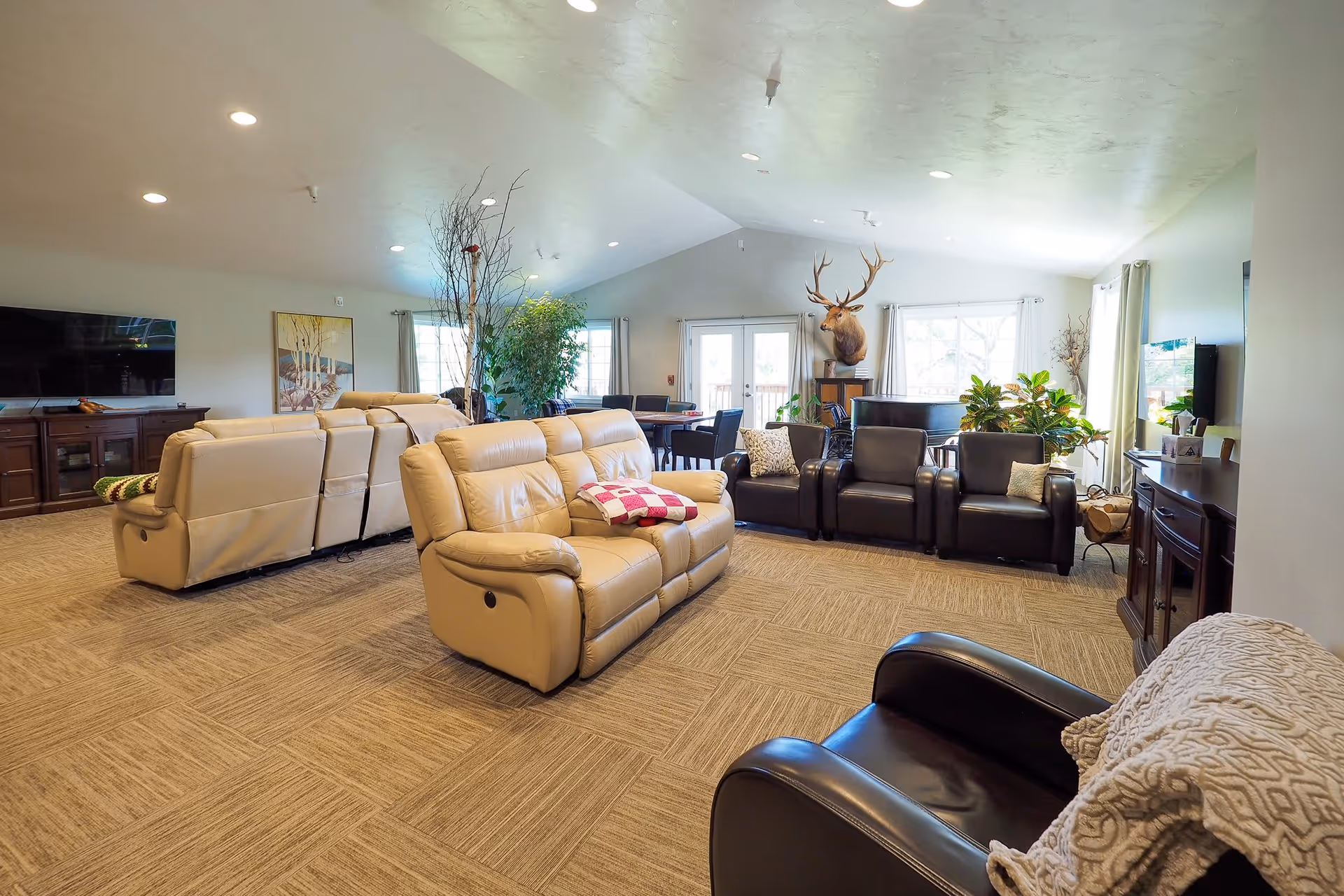 A spacious senior living room with beige and black leather recliners arranged around the room. There is a large flat-screen TV on a wooden cabinet, several plants, a mounted deer head on the wall, and a piano near the back. The room has large windows with curtains and a carpeted floor.