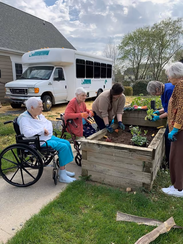 A group of elderly women and a caregiver are gardening together outdoors next to a raised wooden garden bed. Two women are seated in wheelchairs, while the others are standing and tending to the plants. In the background, there is a white White Birch Communities shuttle bus parked near a building under a partly cloudy sky.