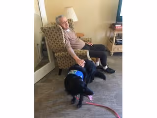 An elderly man sitting in a patterned armchair in a living room, petting a black dog wearing a blue service vest. The room has a lamp on a side table and a TV on a stand with some items underneath.