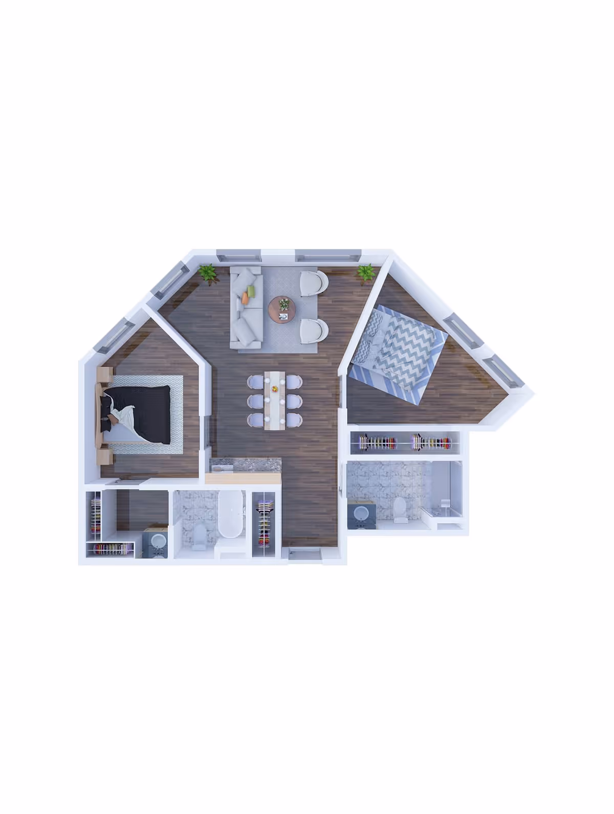 3D floor plan of a senior living apartment showing two bedrooms, a living room with sofa and chairs, a dining area with a table and six chairs, two bathrooms, and closets. The flooring is a mix of wood and tile, and there are plants in the living room area.