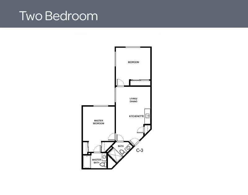 Floor plan labeled 'Two Bedroom' showing two bedrooms, a living/dining area with kitchenette, and two bathrooms.