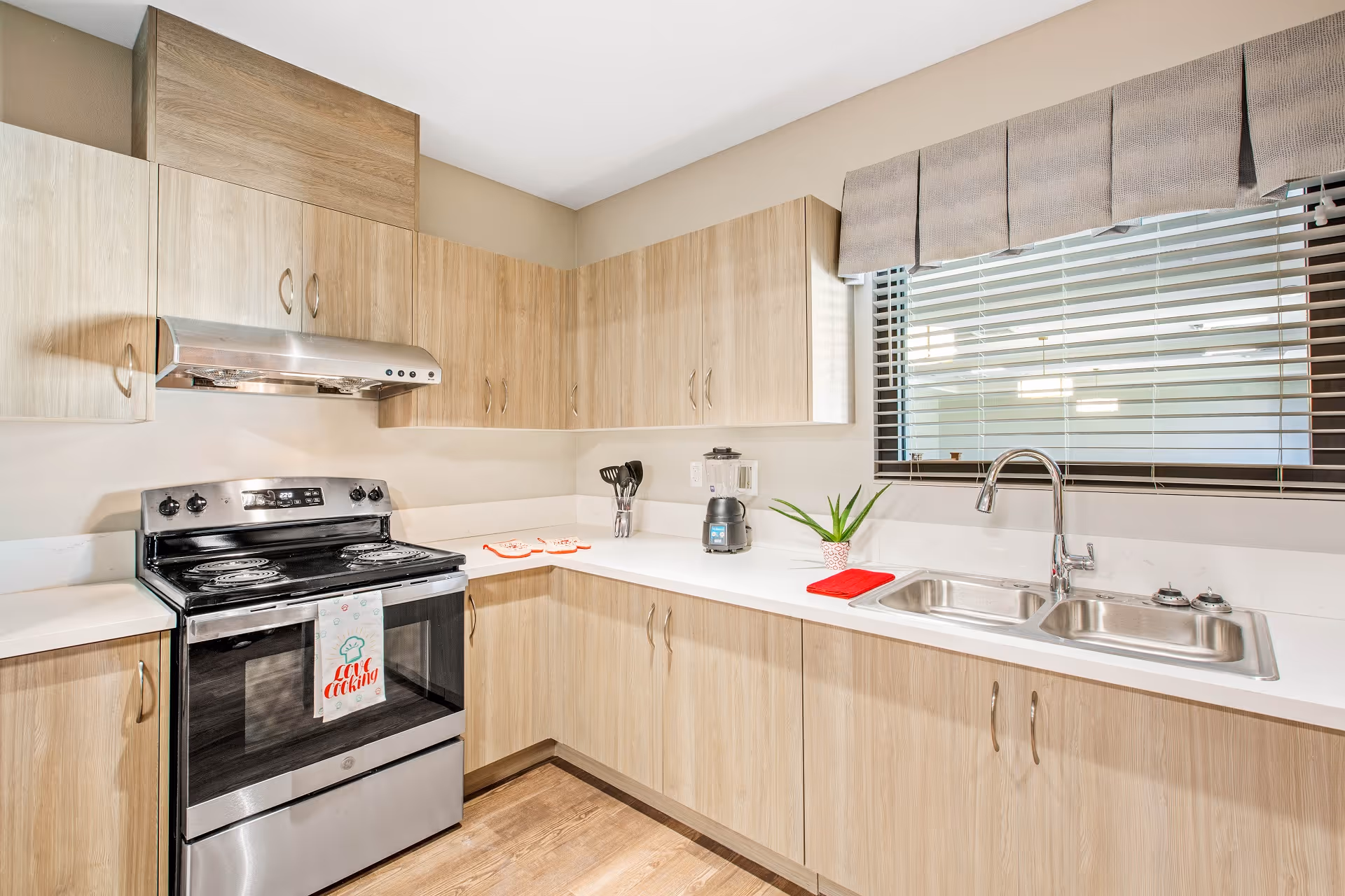 Modern kitchen with light wood cabinets, a stainless steel electric stove with oven, a double sink under a window with blinds, a blender, a small plant, and kitchen utensils on the countertop.