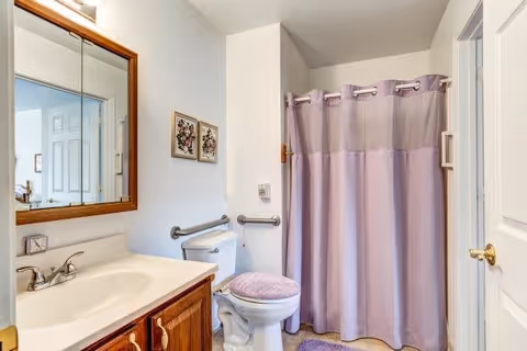A bathroom with a white sink and wooden cabinet, a toilet with a pink cushioned seat cover, a purple shower curtain, two small floral pictures on the wall, and a large mirror above the sink reflecting a door.