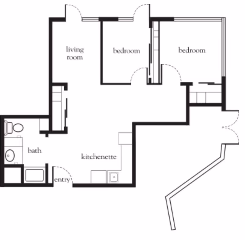 Architectural floor plan of a living space at Atria Valley View showing two bedrooms, a living room, a kitchenette, a bathroom, and an entry area.