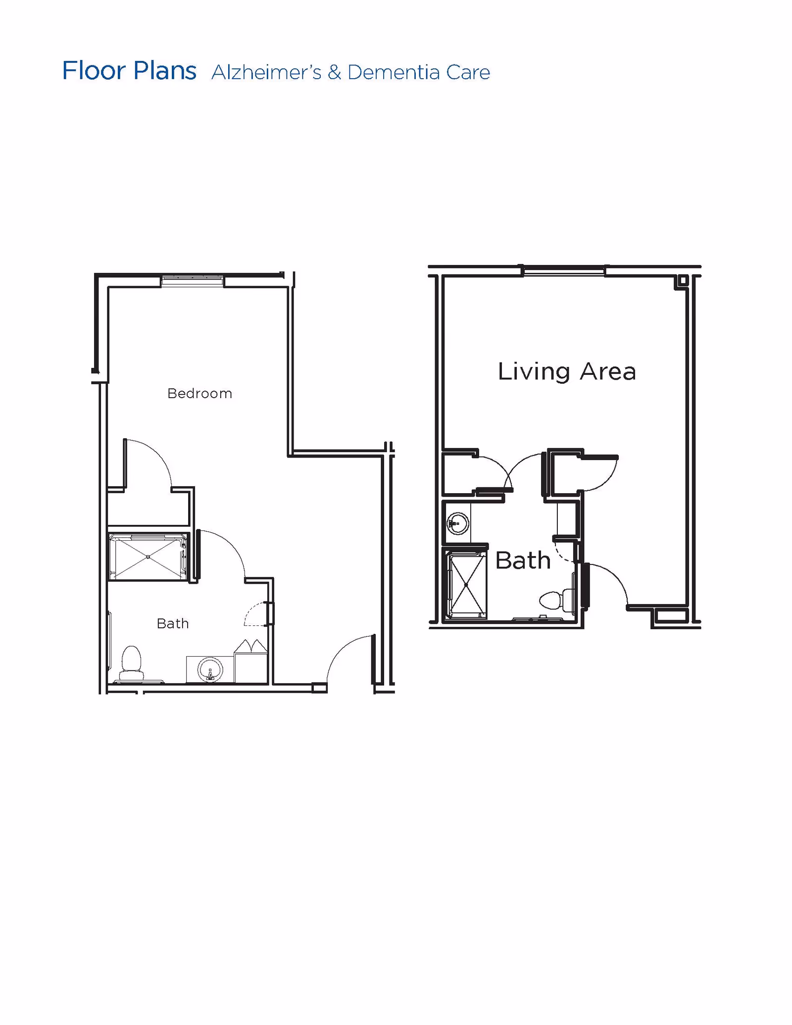 Architectural floor plans for Alzheimer's and Dementia Care showing a layout with a bedroom and bath on the left, and a living area with bath on the right.